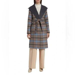 Elie Tahari Womens Plaid Wool Blend Coat With Belt Size M Mirage Blue & Wallace